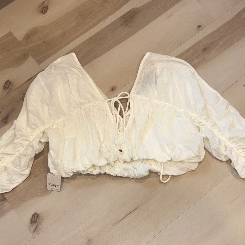 Free People Off-White Peasant Tie-Front Crop Top